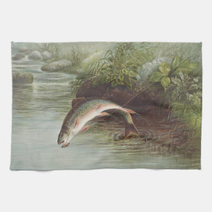 Antique Fly Fishing Leaping Brook Trout Print Tea Towel