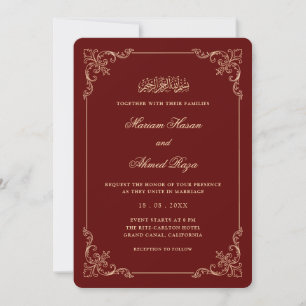 Antique Frame Gold Burgundy Red Muslim Wedding Invitation