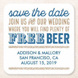 Antique Free Beer Save the Date Square Paper Coaster