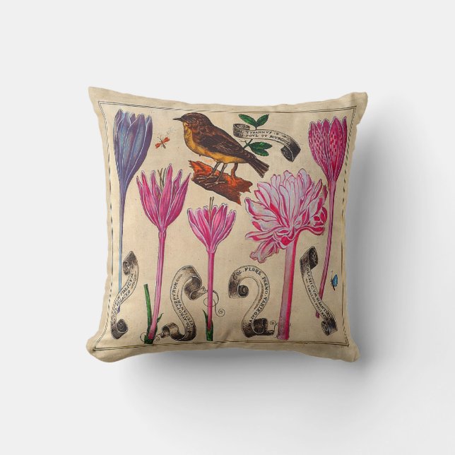 Antique French Botanical Floral Print with Bird Cushion (Front)
