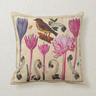Antique French Botanical Floral Print with Bird Cushion