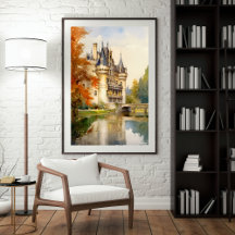 Antique French Castle Watercolor Poster