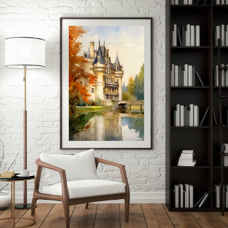 Antique French Castle Watercolor Poster