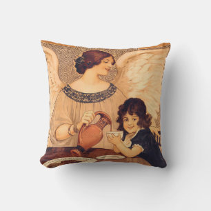 Antique French Chocolate Angel Poster: Vintage Art Cushion