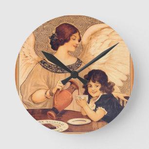 Antique French Chocolate Angel Poster: Vintage Art Round Clock