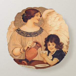 Antique French Chocolate Angel Poster: Vintage Art Round Cushion