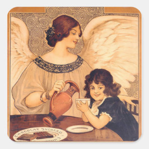 Antique French Chocolate Angel Poster: Vintage Art Square Sticker