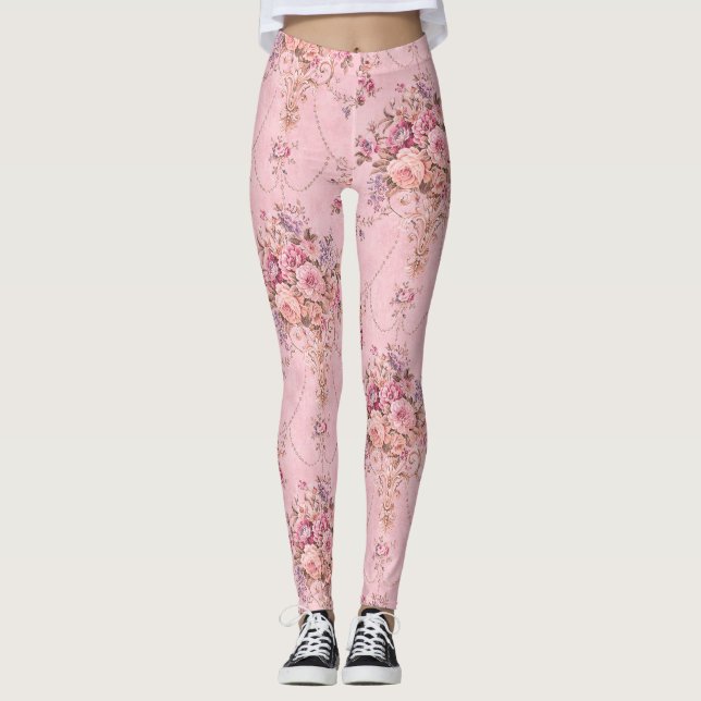 Antique French Pink Victorian Style Floral Rococo Leggings (Front)