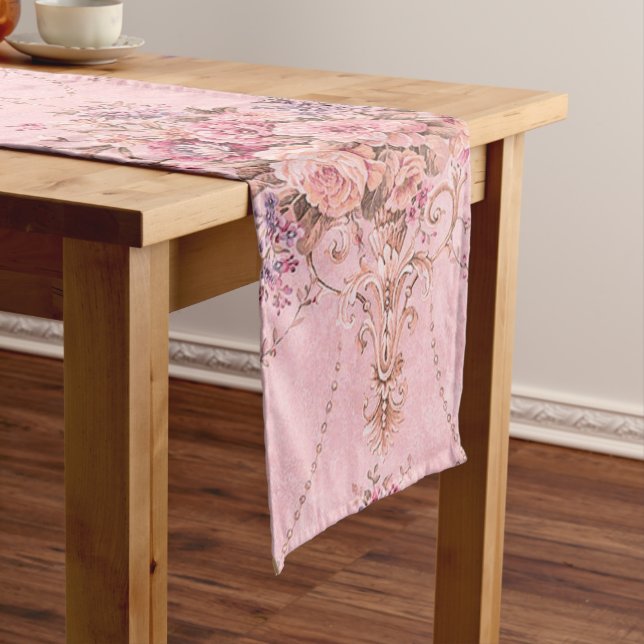 Antique French Pink Victorian Style Floral Rococo Long Table Runner (In Situ)