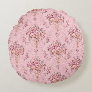 Antique French Pink Victorian Style Floral Rococo Round Cushion