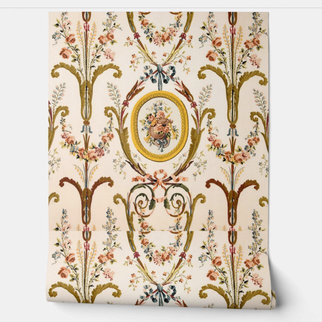 Antique French Rococo Floral Cream Peel and Stick Wallpaper (Unrolling)
