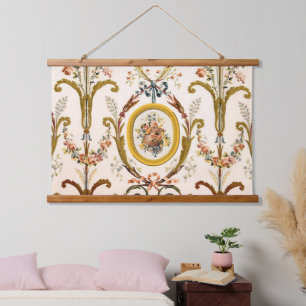 Antique French Rococo Floral Gold Cream Elegant Hanging Tapestry