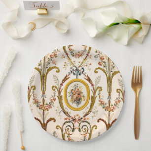 Antique French Rococo Floral Gold Cream Elegant Paper Plate
