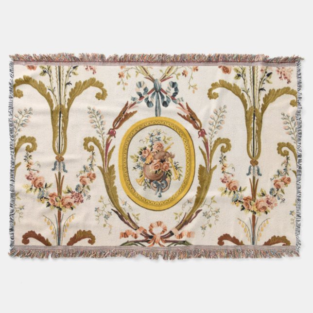 Antique French Rococo Floral Gold Cream Elegant Throw Blanket (Front)