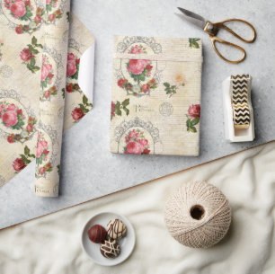 Antique French Rose Ephemera  Wrapping Paper