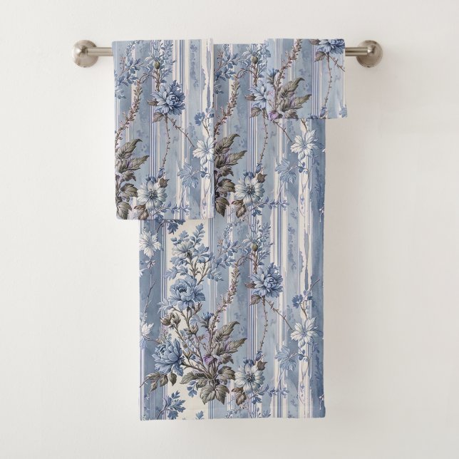 Antique French Style Blue and Grey Bath Towel Set (Insitu)