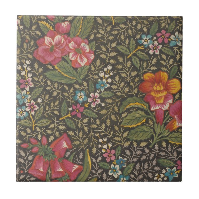 Antique French Toile de Jouy Floral Pattern Tile (Front)