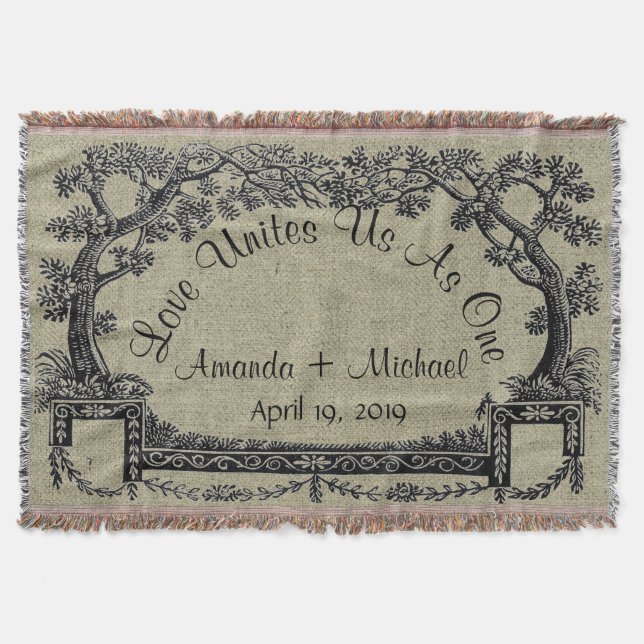 Antique French Trees Frame Personalised Wedding Throw Blanket (Front)