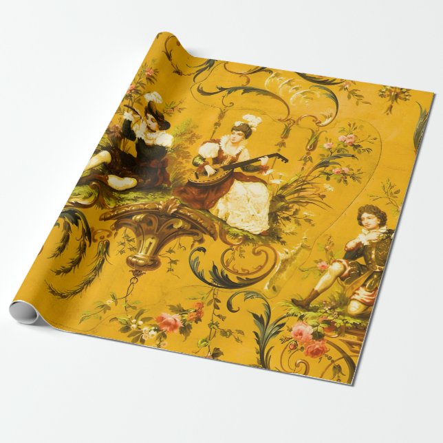 Antique French Yellow Toile Victorian Decoupage  Wrapping Paper (Unrolled)