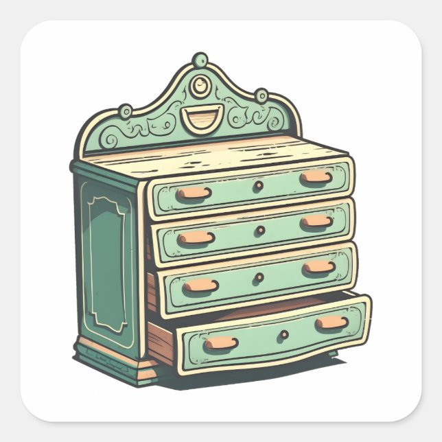 Antique Furniture, Dresser Drawer, Cartoon Style, Square Sticker (Front)