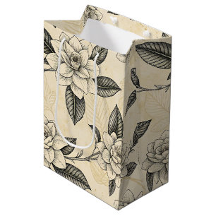 Antique Gardenia Black Ink Engraving Medium Gift Bag