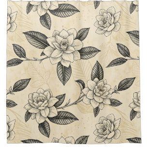 Antique Gardenia Black Ink Engraving Shower Curtain