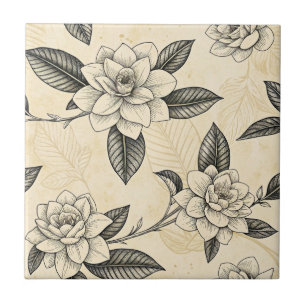 Antique Gardenia Black Ink Engraving Tile