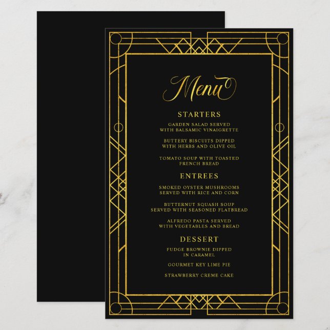 Antique Geometric Gold Frame Black Wedding Menu (Front/Back)