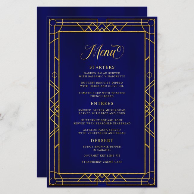 Antique Geometric Gold Frame Royal Blue Menu (Front/Back)