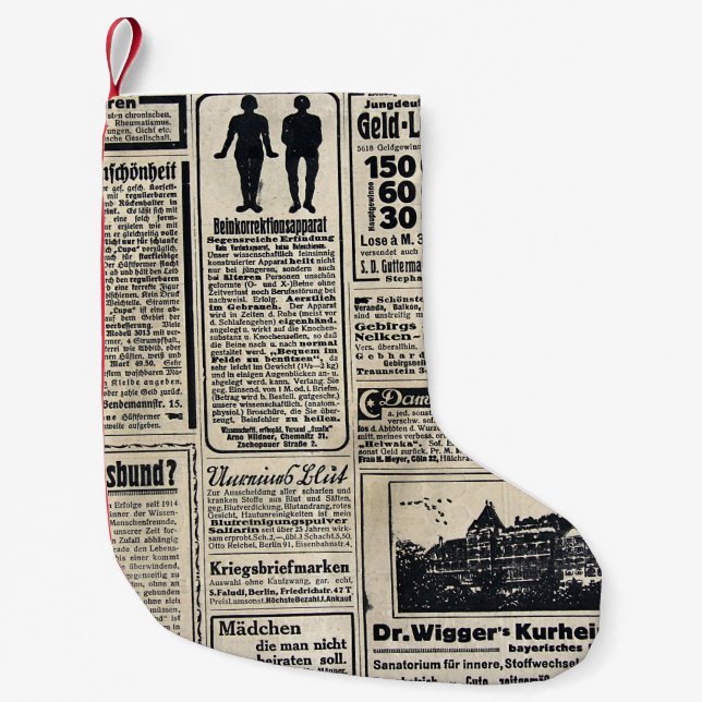 Antique German Newspaper Advertisements 1917 Small Christmas Stocking (Front)