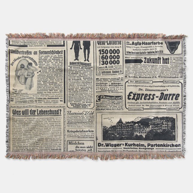 Antique German Newspaper Advertisements 1917 Throw Blanket (Front)