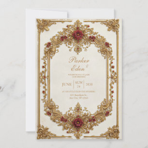 Antique Gilded Burgundy Floral Formal Wedding Invitation