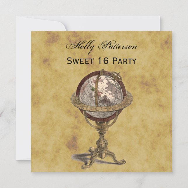 Antique Globe, Distressed BG SQ Sweet 16 Invitation (Front)