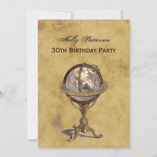 Antique Globe, Distressed BG V Birthday Invitation (Front)