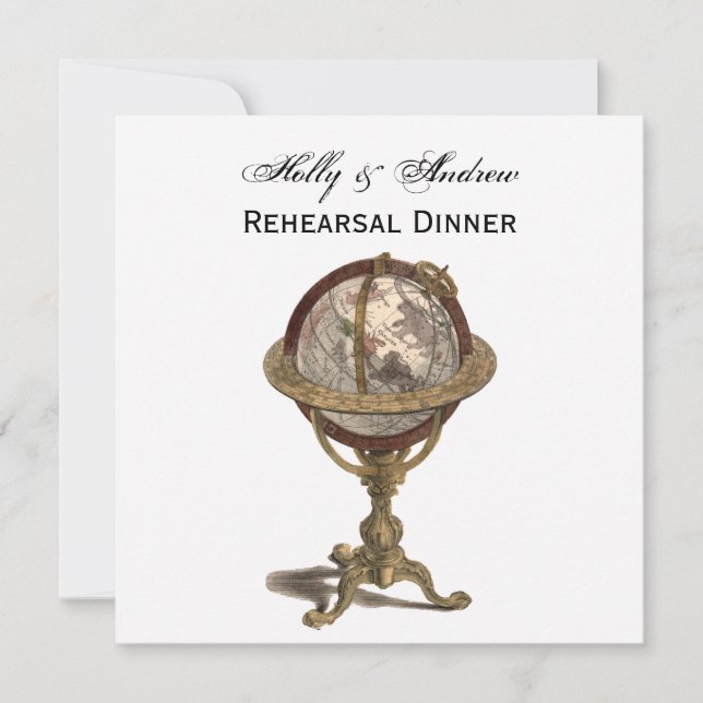 Antique Globe White BG SQ Rehearsal Din Invitation (Front)