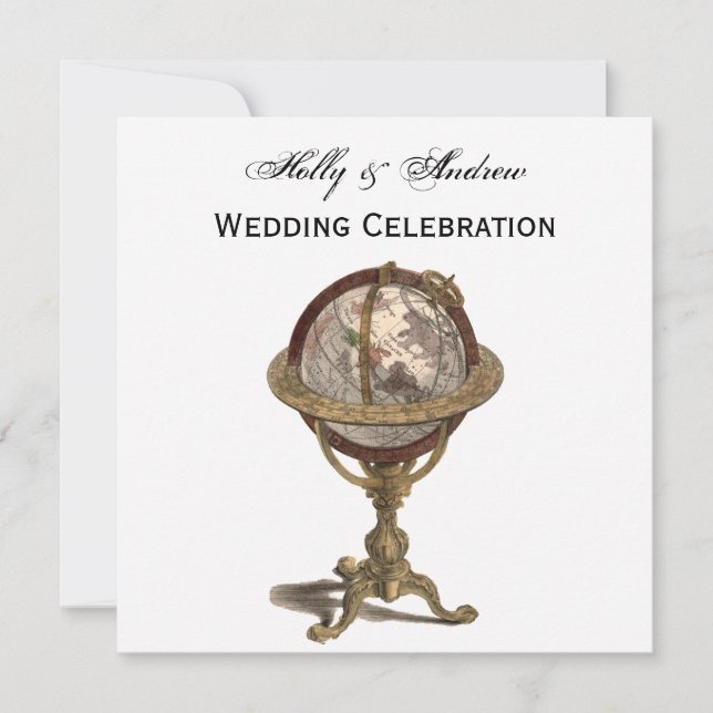Antique Globe, White BG SQ Wedding Invitation (Front)