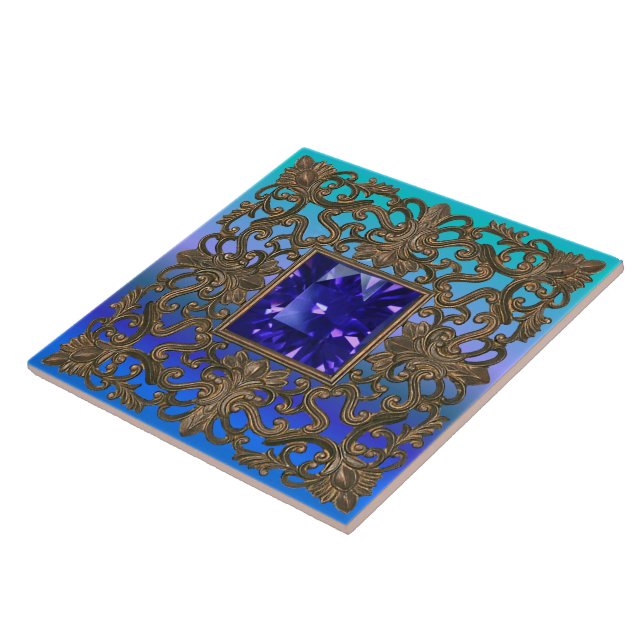 Antique Gold and Sapphire Peacock Tile (Side)