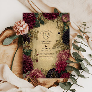 Antique Gold Baroque and Burgundy Dahlia Romance Invitation