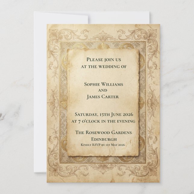 Antique Gold Baroque Wedding Invitation (Front)