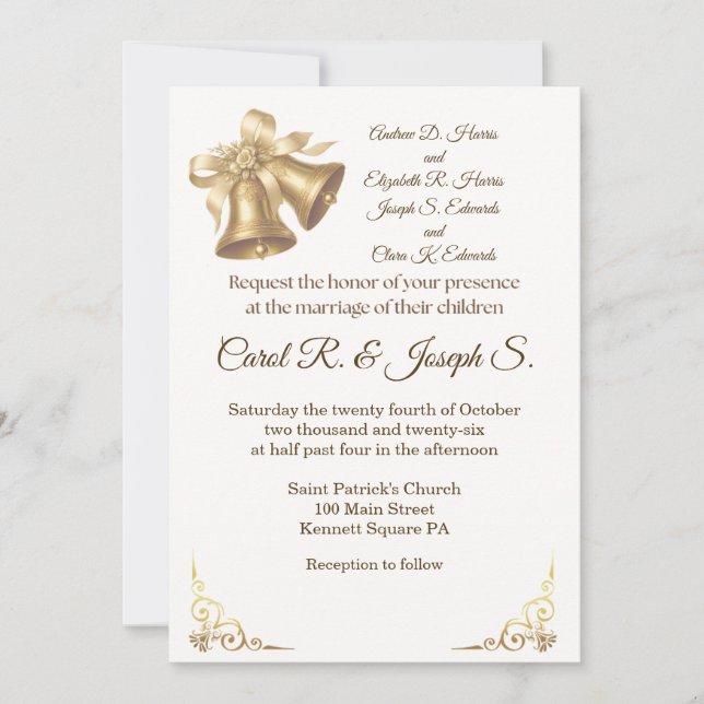 Antique Gold Bells Wedding Invitation (Front)