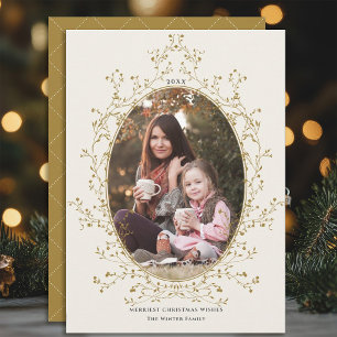 Antique Gold Botanical Wreath Christmas Photo Holiday Card