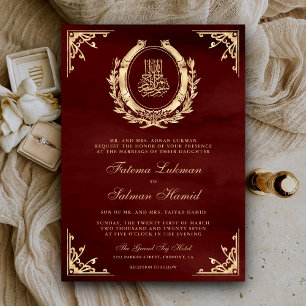 Antique Gold Crest Burgundy Red Muslim Wedding Invitation