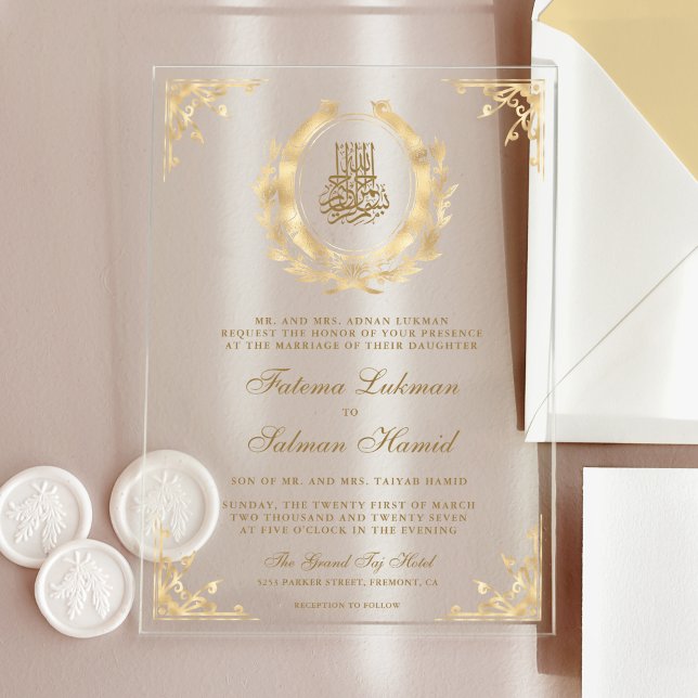 Antique Gold Crest Muslim Wedding Acrylic Invitations (Creator Uploaded)