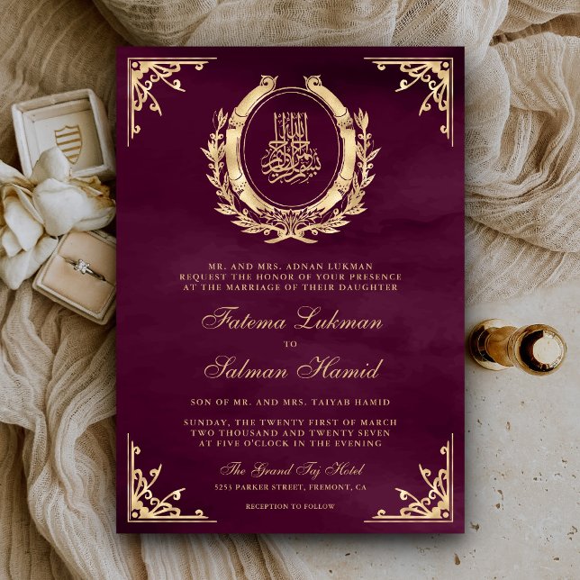 Antique Gold Crest Plum Purple Muslim Wedding Invitation (Creator Uploaded)
