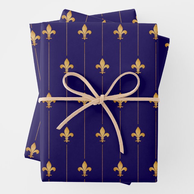 Antique Gold Fleur-de-Lis Dark Blue Wrapping Paper Sheet (In situ)