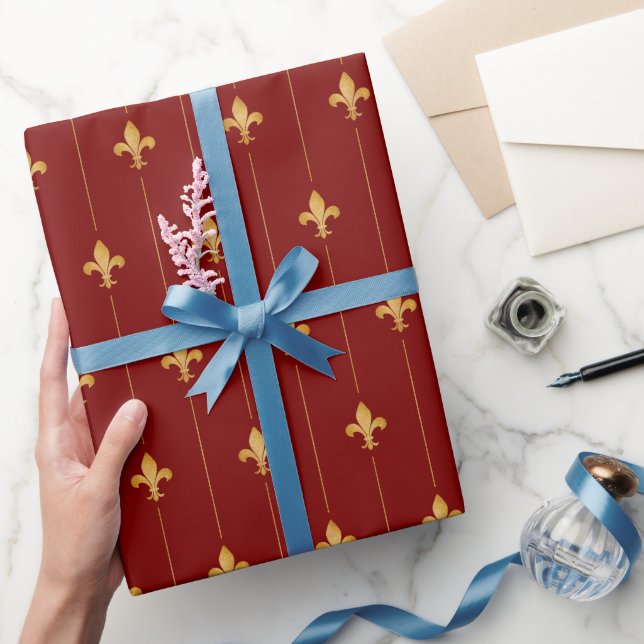 Antique Gold Fleur-de-Lis Dark Red Wrapping Paper (Gifting)