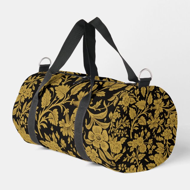 Antique Gold Floral Indian Lac-work Black Pattern Duffle Bag (Left Corner)