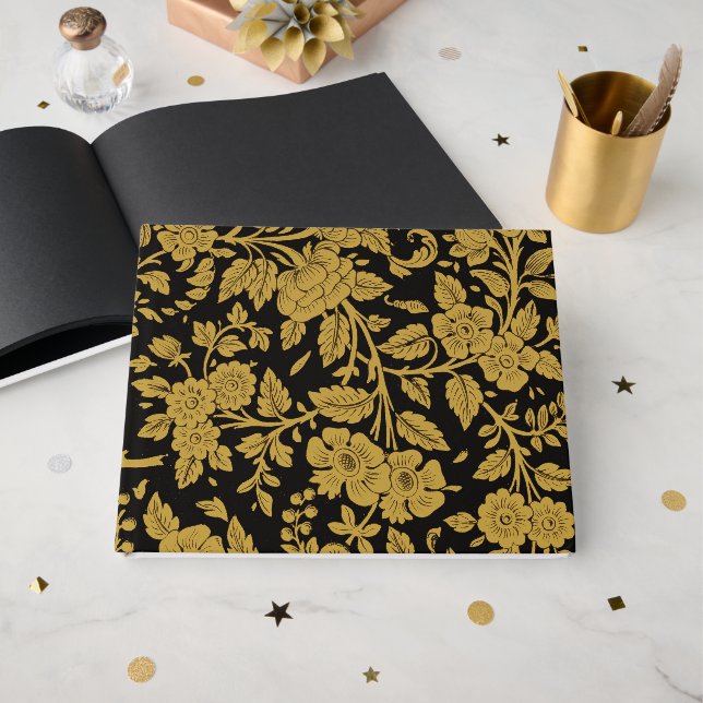 Antique Gold Floral Indian Lac-work Black Pattern Guest Book (Front Open)