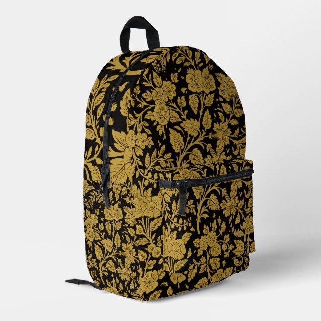 Antique Gold Floral Indian Lac-work Black Pattern Printed Backpack (Back Corner Left)