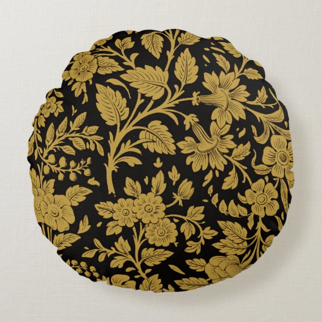 Antique Gold Floral Indian Lac-work Black Pattern Round Cushion (Front)